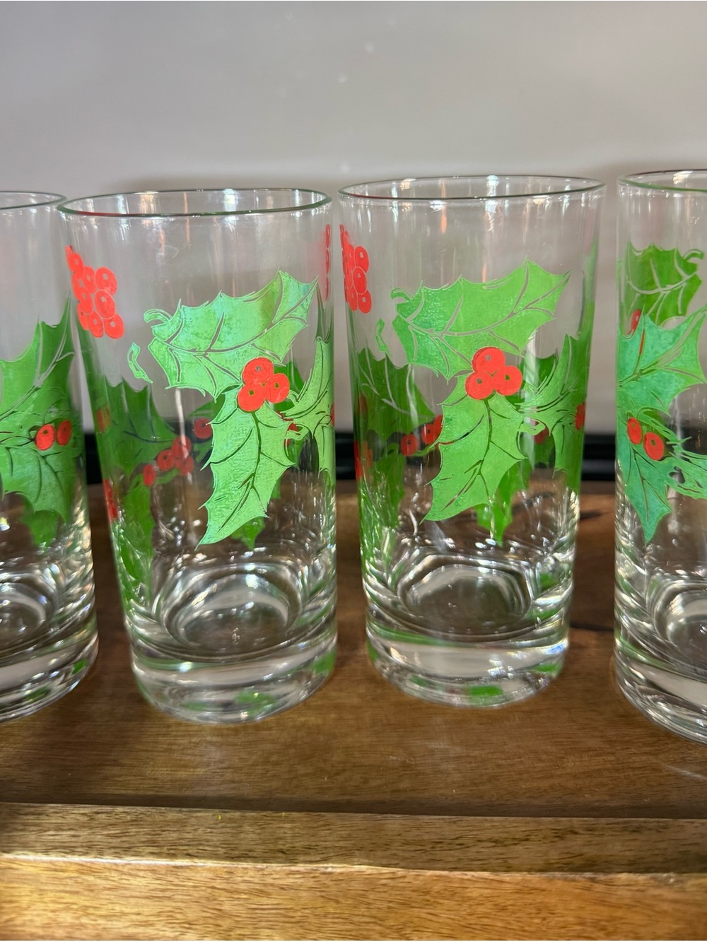 Vtg Glass HOLLY BERRY Christmas Drinking Glasses Tumblers Set of 6